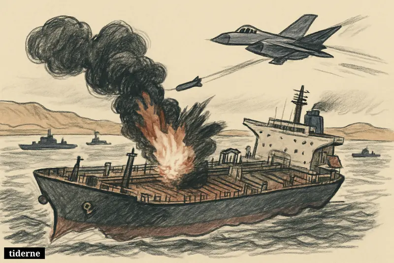 A damaged oil tanker smokes in a narrow strait as a military aircraft banks overhead and patrol vessels watch nearby.