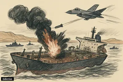 A damaged oil tanker smokes in a narrow strait as a military aircraft banks overhead and patrol vessels watch nearby.