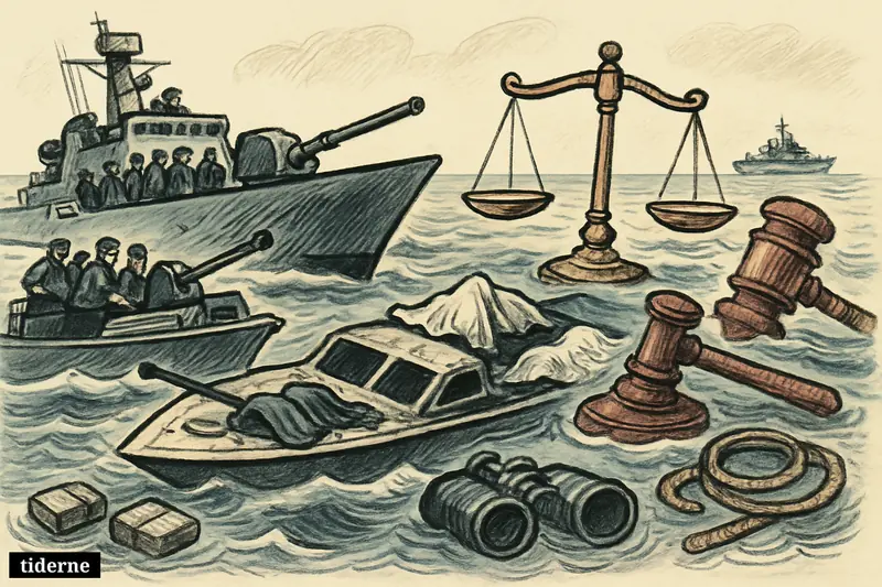 A warship confronts a shattered suspected smuggling boat at sea, with legal symbols and signs of deadly force in international waters.