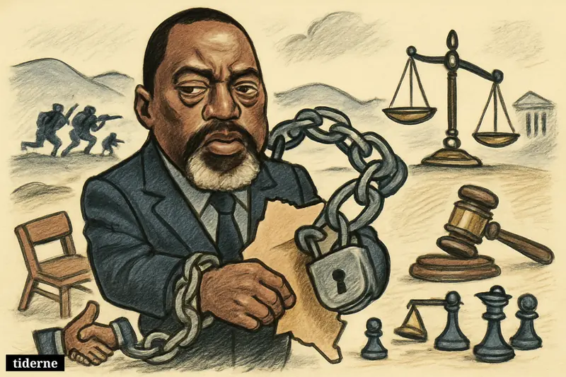 Caricature of Joseph Kabila bound by sanctions, holding a Congo map as rebel shadows and justice symbols suggest conflict and political pressure.