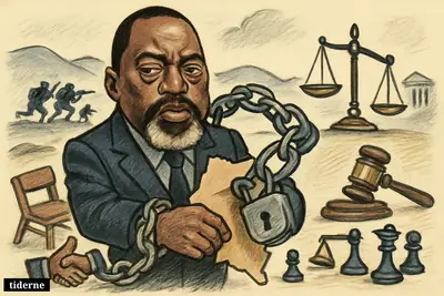Caricature of Joseph Kabila bound by sanctions, holding a Congo map as rebel shadows and justice symbols suggest conflict and political pressure.