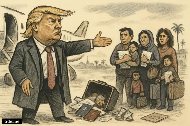 Donald Trump on an airport tarmac gestures migrants toward a plane and distant Congo skyline, while spilled papers and broken scales suggest contested deportations.