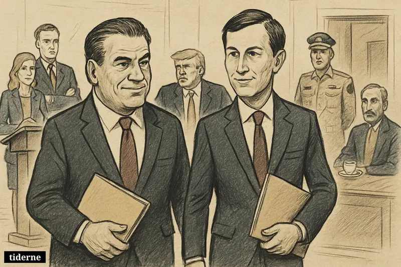 Caricature of Witkoff and Kushner leading a quiet diplomatic mission as Trump, U.S. aides, a Pakistani general, and an Iranian diplomat watch.