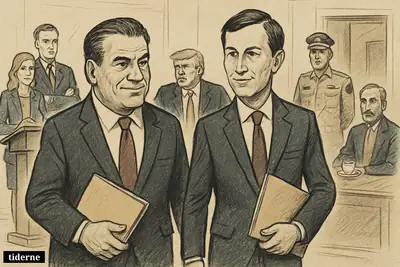 Caricature of Witkoff and Kushner leading a quiet diplomatic mission as Trump, U.S. aides, a Pakistani general, and an Iranian diplomat watch.