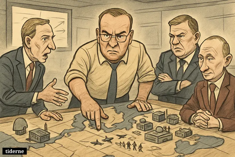Caricature of Pistorius, Wicker, Rogers, and Putin around a Europe war table as U.S. troops and equipment shift from Germany.