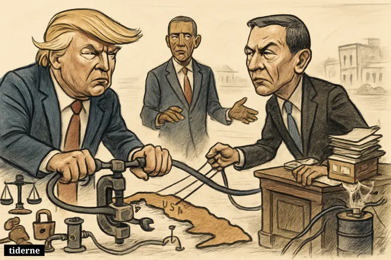 Trump tightens economic and legal pressure on Cuba as Bruno Rodríguez resists, while Obama looks on amid energy and sanctions imagery.