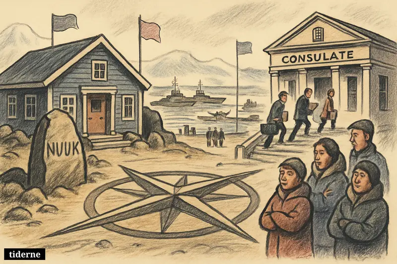 A Greenlandic civic building stands firm beside a newly expanded American consulate as diplomats bustle through Nuuk under Arctic security symbols.