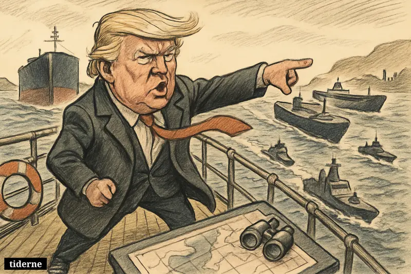 Donald Trump on a naval ship directs escorted oil tankers through the narrow Strait of Hormuz, with military vessels and a tense shoreline nearby.