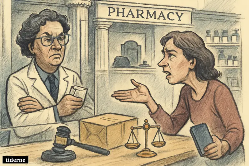 A worried woman faces a pharmacist behind a barrier as a medicine box, mail parcel, gavel, and scales block telemedicine access.