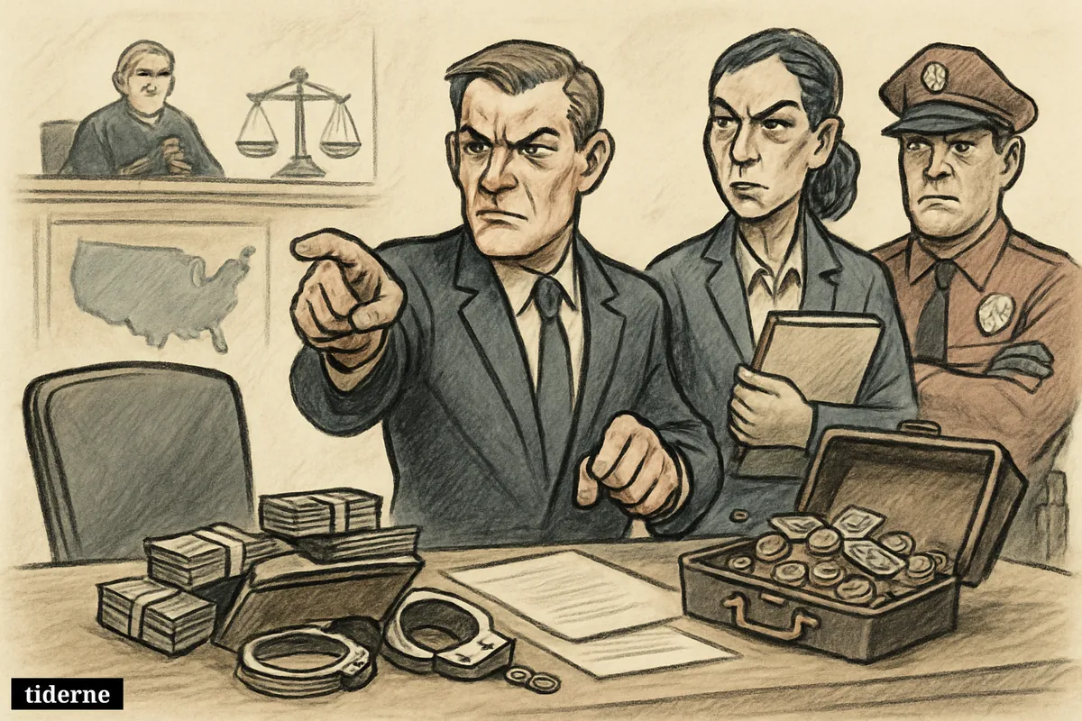 American courtroom caricature with stern prosecutors, police, piles of cash, handcuffs, and legal symbols suggesting money laundering and terror financing charges. (AI-genereret illustration)