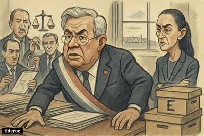 Caricatures of Rubén Rocha Moya and Claudia Sheinbaum in a tense office-courtroom scene with agents, case files, evidence boxes, and justice symbols.