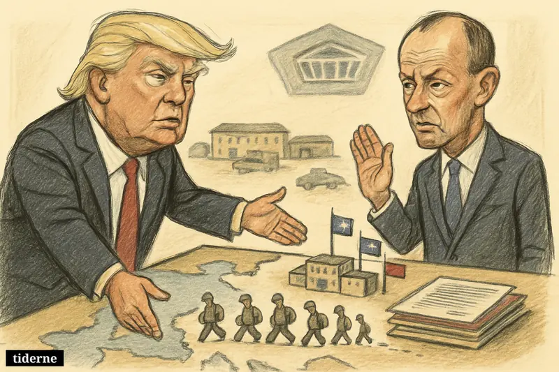 Caricature of Donald Trump and Friedrich Merz facing off over withdrawing American soldiers from a military map table in Germany.