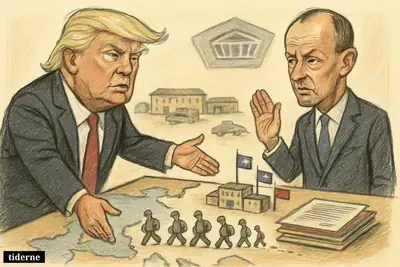 Caricature of Donald Trump and Friedrich Merz facing off over withdrawing American soldiers from a military map table in Germany.