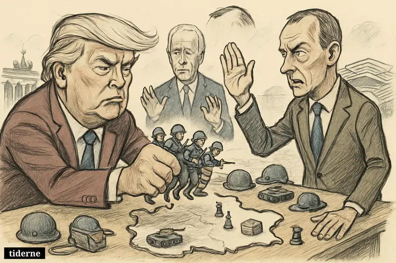 Trump pulls miniature American soldiers off a Germany-shaped table as Merz protests and Biden watches anxiously amid military and chess props.