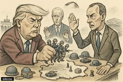 Trump pulls miniature American soldiers off a Germany-shaped table as Merz protests and Biden watches anxiously amid military and chess props.