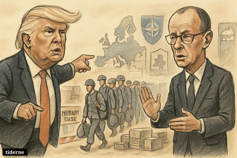Trump pulls a line of departing U.S. soldiers from a base while Friedrich Merz protests beside military vehicles and European security symbols.