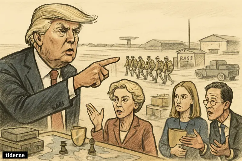 Trump points away as U.S. troops leave a German base while von der Leyen, Kallas, and Rutte react around a Europe security map.