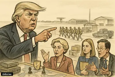 Trump points away as U.S. troops leave a German base while von der Leyen, Kallas, and Rutte react around a Europe security map.