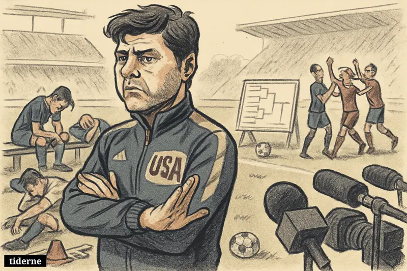 Mauricio Pochettino stands tense by the touchline as disappointed USA players sag and celebrating Belgium players gather after a knockout defeat. (AI-genereret illustration)
