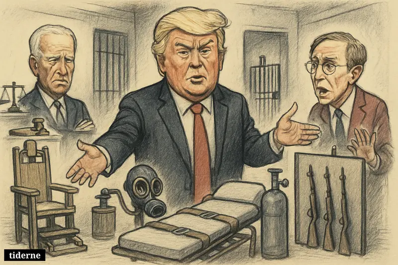 Trump presents multiple execution methods in a federal chamber while Biden looks troubled and Durbin protests beside justice symbols.