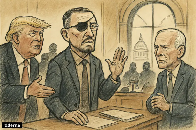 Caricature courtroom scene with Stewart Rhodes centered, Donald Trump smirking nearby, Joe Biden disapproving, and Capitol imagery behind judicial symbols.