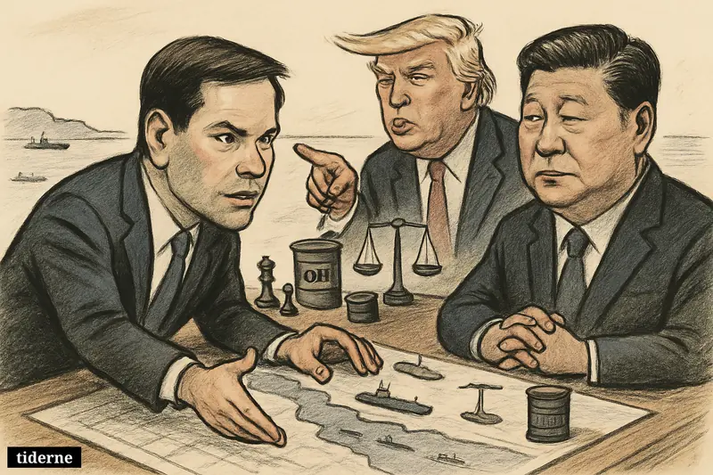 Marco Rubio appeals to Xi Jinping across a table map of Hormuz while Donald Trump points, with oil tankers and diplomatic symbols nearby.
