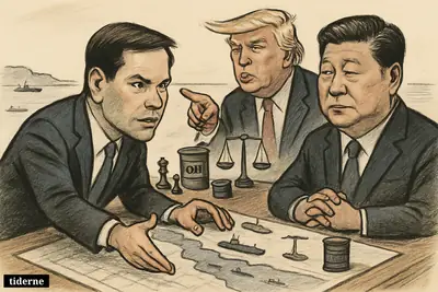 Marco Rubio appeals to Xi Jinping across a table map of Hormuz while Donald Trump points, with oil tankers and diplomatic symbols nearby.