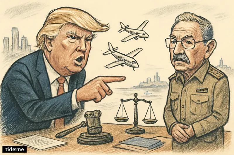 Donald Trump points across a courtroom table at Raúl Castro, with two small planes overhead and legal symbols between Cuba and Florida.