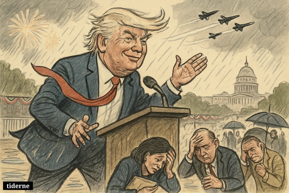Donald Trump speaks at the National Mall as wind, rain, heat haze, fireworks, and jet flyovers disrupt a national anniversary celebration.