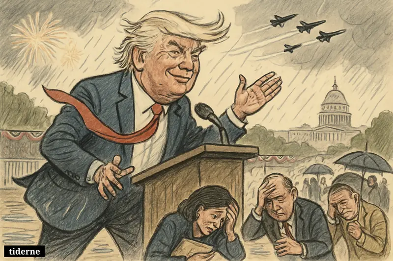 Donald Trump speaks at the National Mall as wind, rain, heat haze, fireworks, and jet flyovers disrupt a national anniversary celebration.