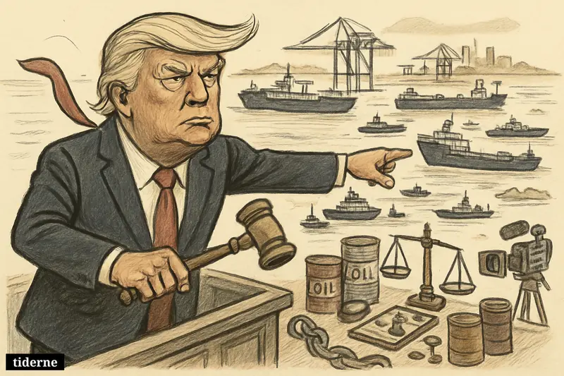 Donald Trump on a dock commands warships hemming in tankers near Iranian ports, surrounded by legal and oil-trade symbols.