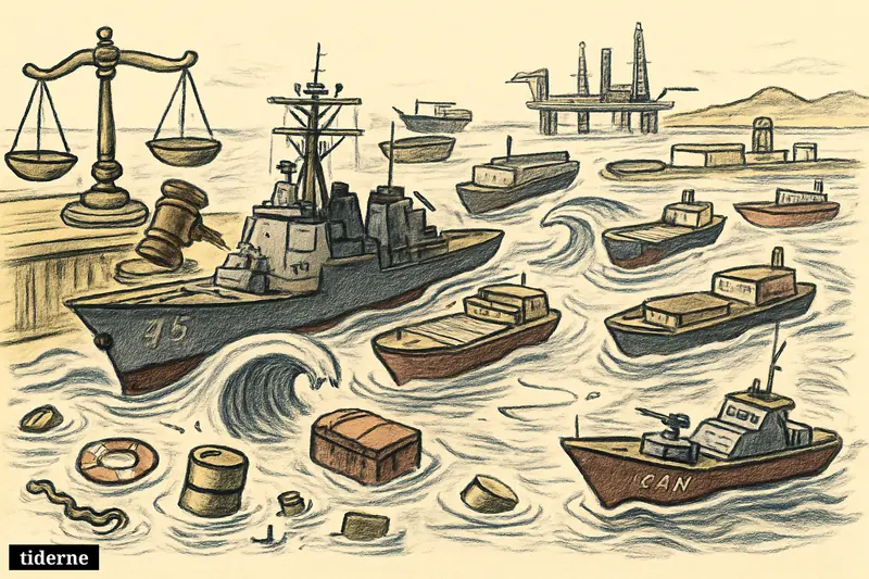 A naval standoff in the Strait of Hormuz blocks oil tankers as warships, legal symbols, and energy infrastructure suggest crisis and conflict.