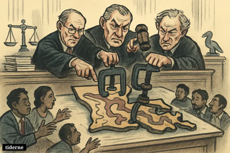 Caricature of stern judges in a courtroom tightening control over a distorted election map as minority voters reach toward broken districts.