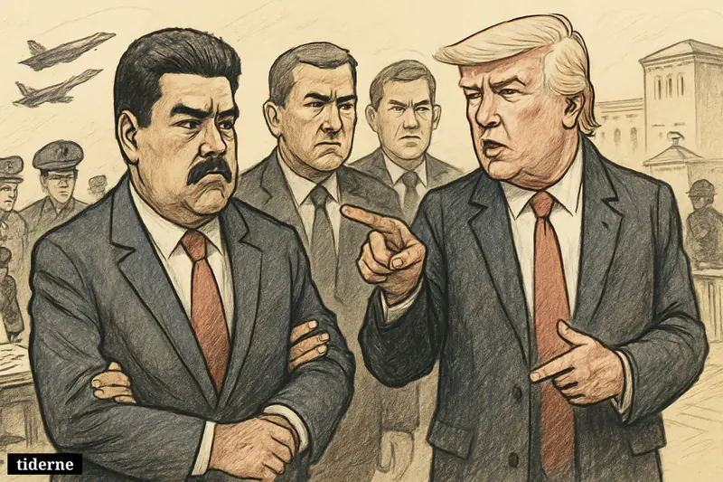 Caricature of Nicolás Maduro in custody as Donald Trump and officials oversee a military-style operation with jets and security forces nearby. (AI-genereret illustration)