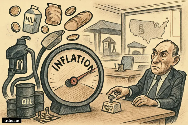 A worried central banker watches fuel pumps and oil barrels drive an inflation gauge higher inside a boardroom with U.S. and gas station elements.