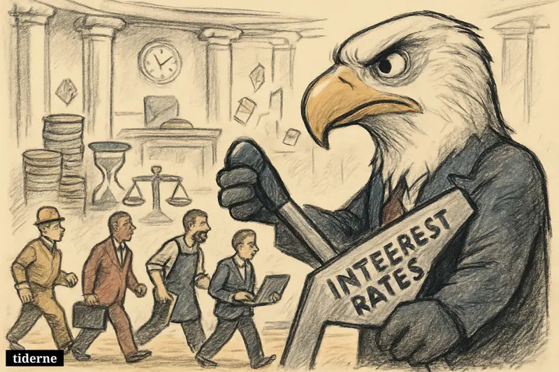 A caricature eagle in a central bank chamber hesitates at a rate lever while busy workers, coins, charts, and inflation symbols fill the scene.