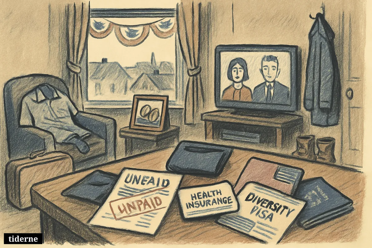 A modest living room with suitcase, work boots, visa papers, empty wallet, medical bills, and muted TV news before a patriotic town celebration.
