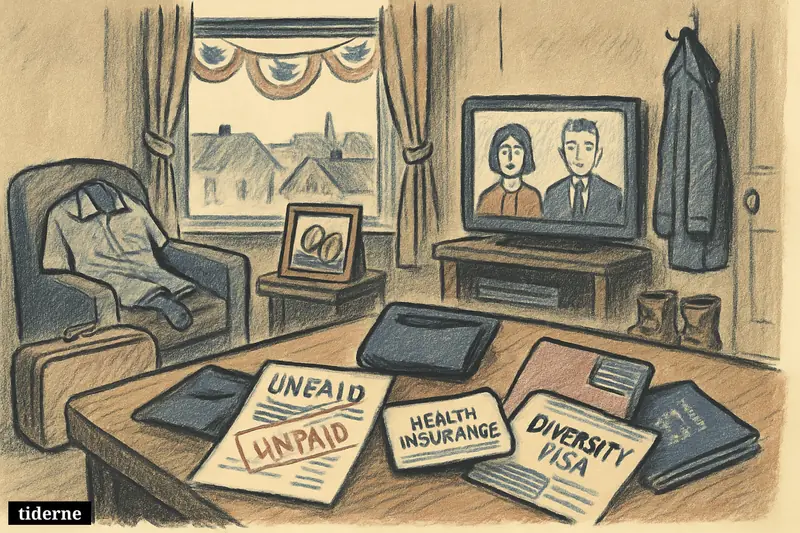 A modest living room with suitcase, work boots, visa papers, empty wallet, medical bills, and muted TV news before a patriotic town celebration.