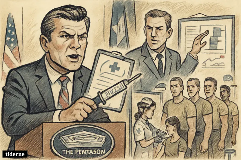 Pete Hegseth and Sean Parnell oversee a military health screening line of soldiers in a Pentagon briefing room. (AI-genereret illustration)