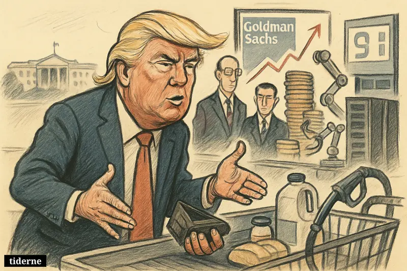 Donald Trump at a grocery checkout with an empty wallet, while bankers, market gains, AI machines, and gas-price symbols surround him.