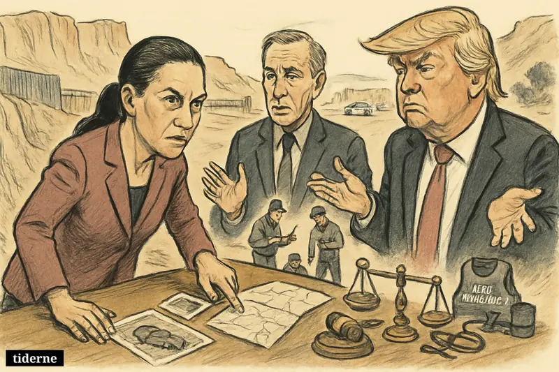 Claudia Sheinbaum leads an inquiry at a ravine crash site, confronting Ronald Johnson and Donald Trump amid justice and anti-narcotics symbols.
