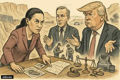 Claudia Sheinbaum leads an inquiry at a ravine crash site, confronting Ronald Johnson and Donald Trump amid justice and anti-narcotics symbols.
