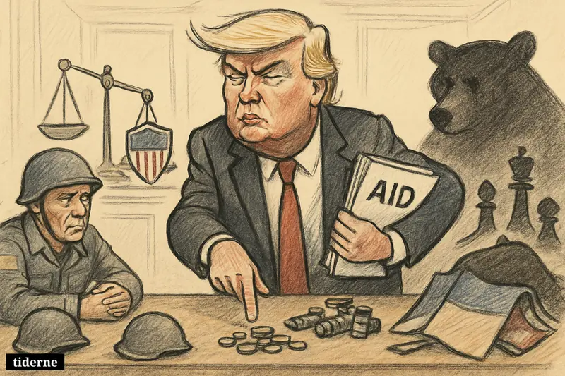 Caricature of Donald Trump imposing conditions at a negotiation table between Ukraine and Russia, with military aid, coins, and alliance symbols.