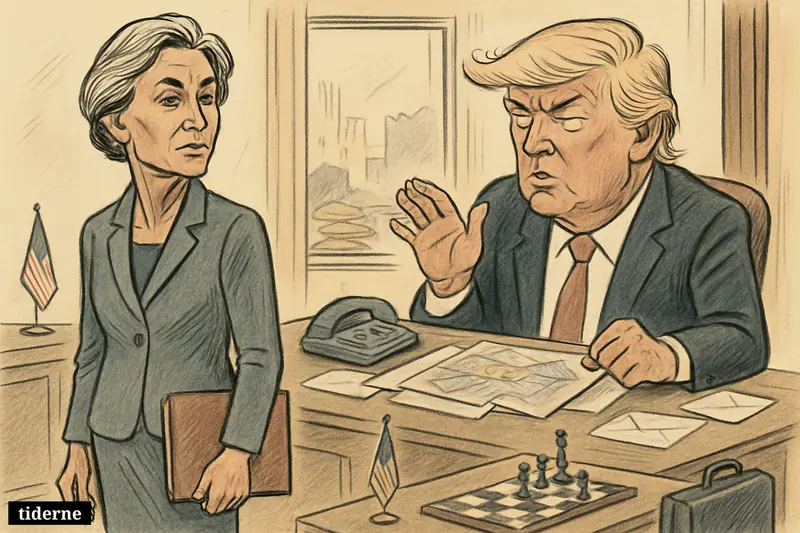 Julie S. Davis stands ready to leave a Kyiv embassy office while Donald Trump looms behind a desk amid maps, papers, and war-tension symbols.