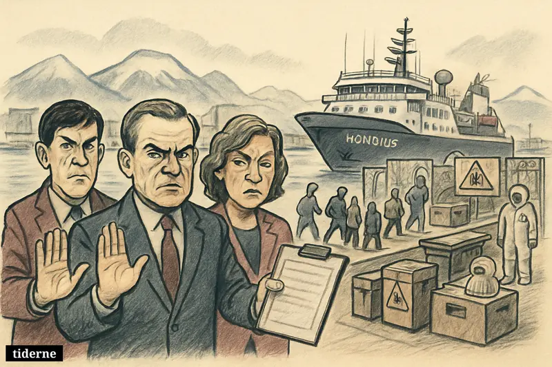 Officials on a southern harbor dock deny blame beside a quarantined expedition ship as masked workers separate passengers for transport.
