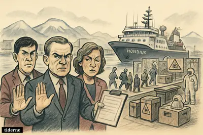 Officials on a southern harbor dock deny blame beside a quarantined expedition ship as masked workers separate passengers for transport.