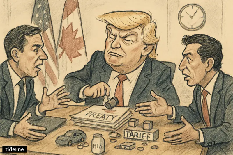 Caricature of Donald Trump dominating a tense trade meeting with Canadian and Mexican negotiators, treaty papers, cars, dairy props, and looming deadline imagery.