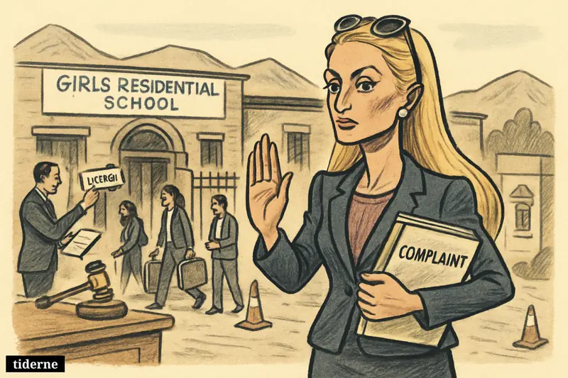 Caricature of Paris Hilton confronting a closed girls’ residential school as officials remove its license and students leave with suitcases. (AI-genereret illustration)