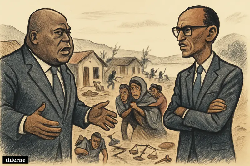 Caricatures of Tshisekedi and Kagame confront each other across a ruined Uvira street as civilians cower, flee, and pass wrecked homes.