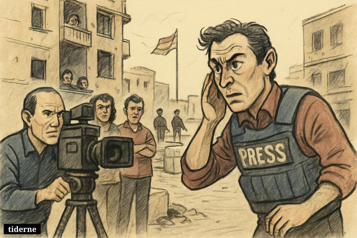 A BBC news crew films on a tense Beirut street as defiant residents and security barriers reflect a fragile ceasefire.
